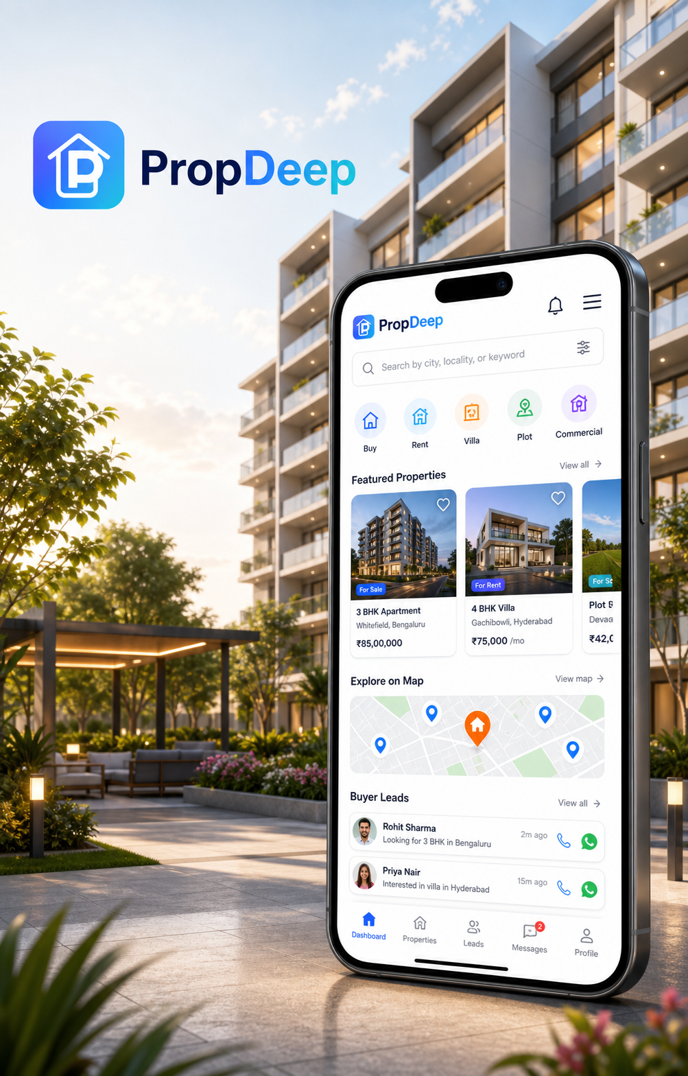 PropDeep app banner showing buyer leads, agent dashboard, agency follow-up, chat, call, and WhatsApp property tools